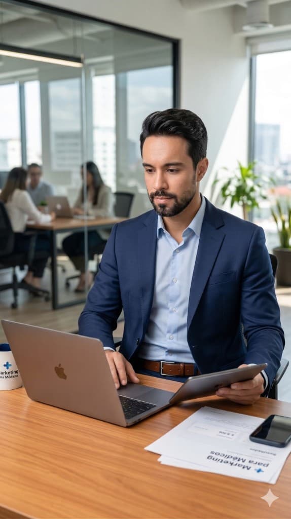 Medyno professional in a workspace with medical marketing materials